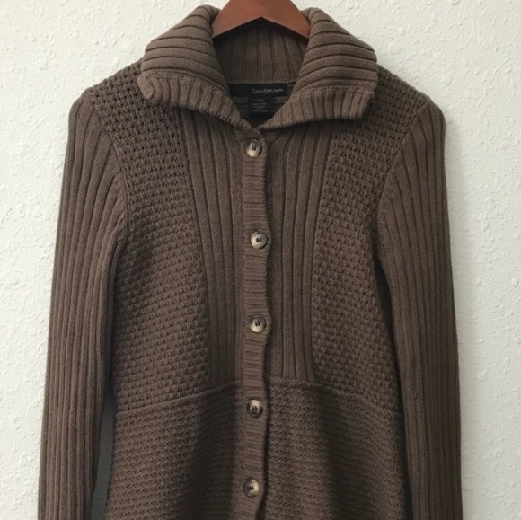Calvin Klein brown button down knit long cardigan - Picture 3 of 7